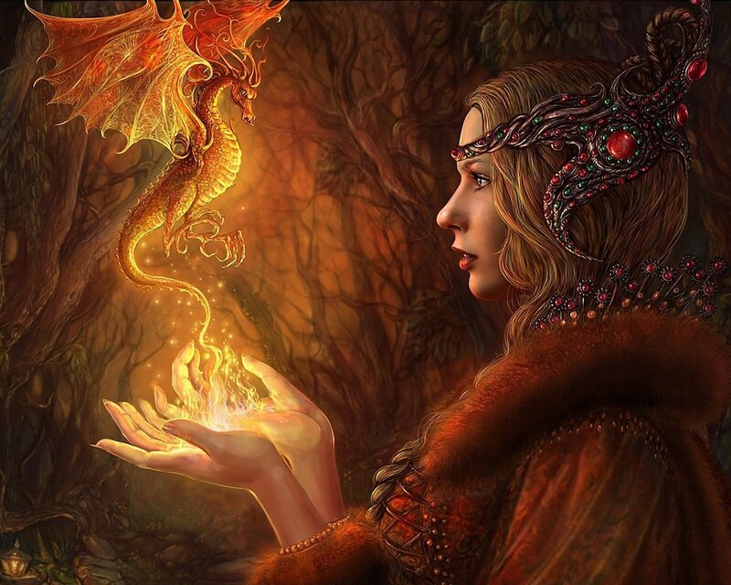 Woman with Dragon — Brown, Dramatic, Night, Digital Art