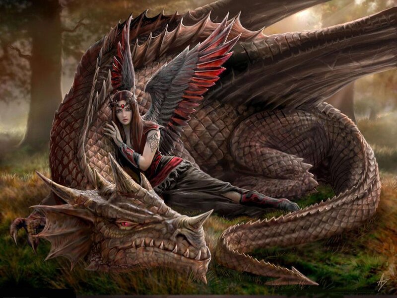 Woman with Dragon — Brown, Dramatic, Sunset, Digital Art, Forest, Wings