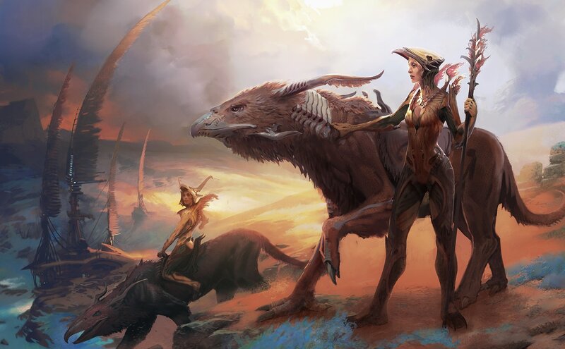 Woman with Dragon — Brown, Dramatic, Sunset, Digital Art, Spear