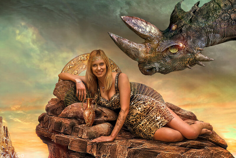 Woman with Dragon — Brown, Dramatic, Sunset, Digital Art