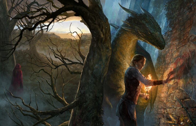 Woman with Dragon — Brown, Dramatic, Sunset, Digital Art, Tree, Ruins