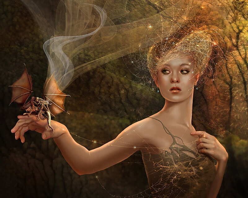 Woman with Dragon — Brown, Mystical, Night