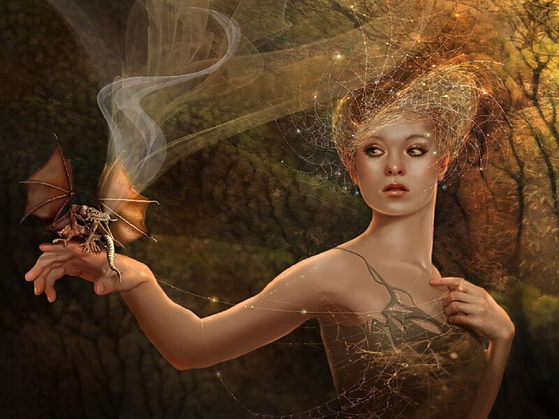 Woman with Dragon — Brown, Mystical