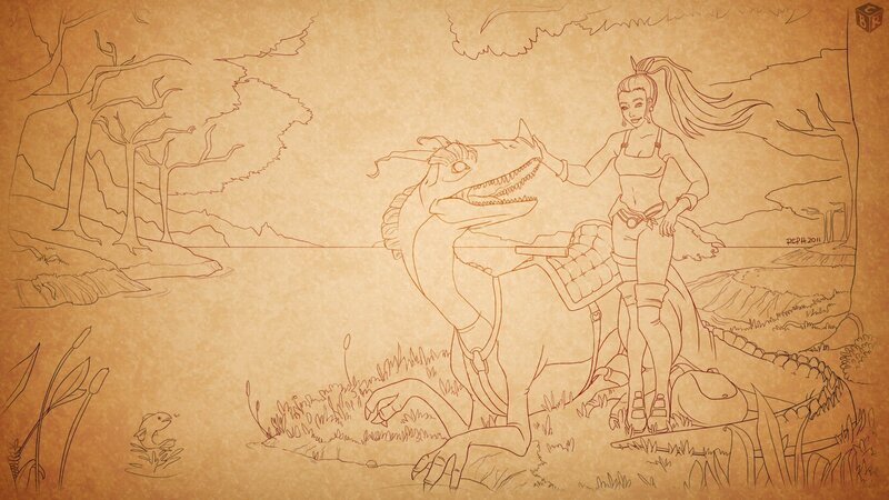 woman with dragon by lake