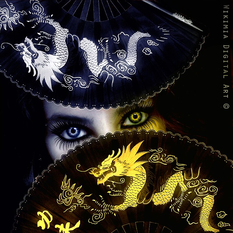Woman with Dragon Fans