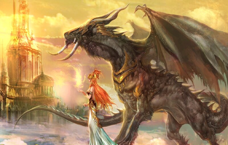 Woman with Dragon — Gold, Dramatic, Sunset, Digital Art, Castle