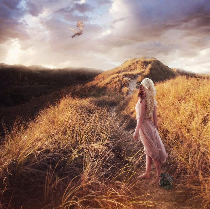 Woman with Dragon — Gold, Dramatic, Sunset, Digital Art