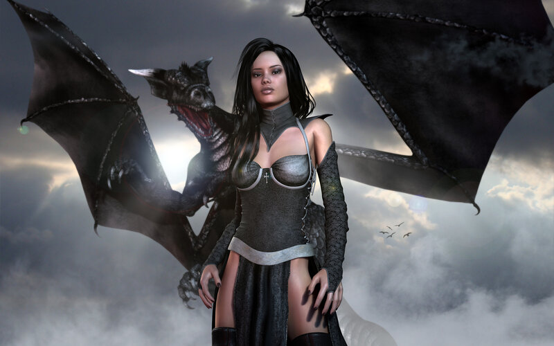 Woman with Dragon — Gray, Dramatic, Digital Art, Clouds