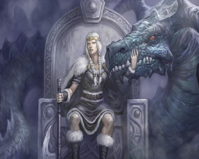 Woman with Dragon — Gray, Dramatic, Digital Art