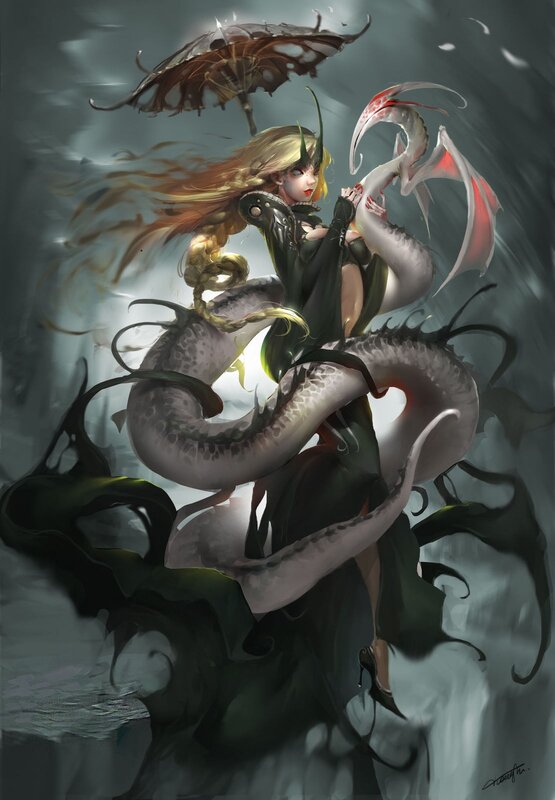 Woman with Dragon — Gray, Dramatic, Digital Art, Umbrella