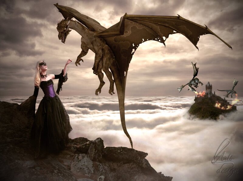 Woman with Dragon — Gray, Dramatic, Sunset