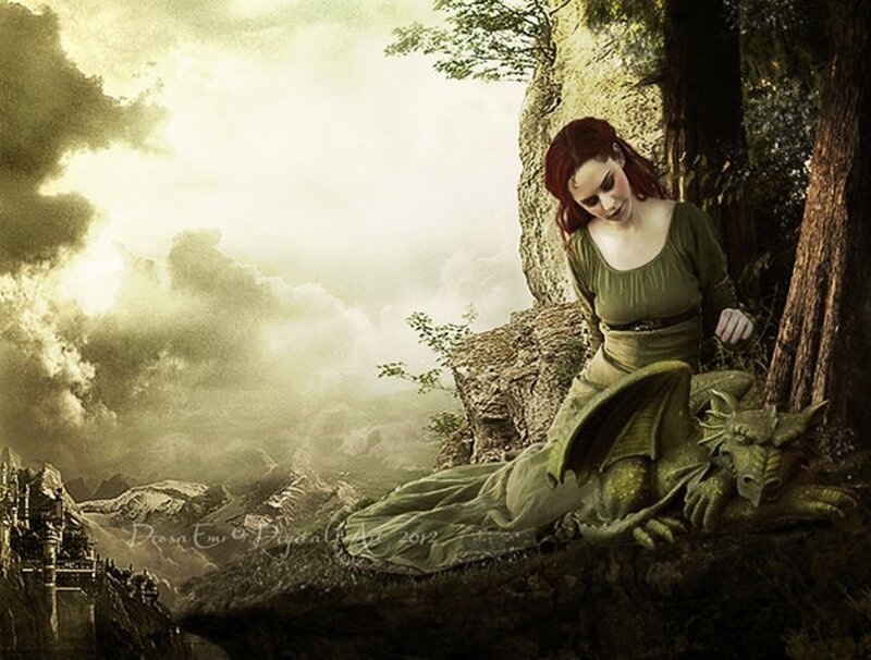 Woman with Dragon — Green, Dramatic, Afternoon