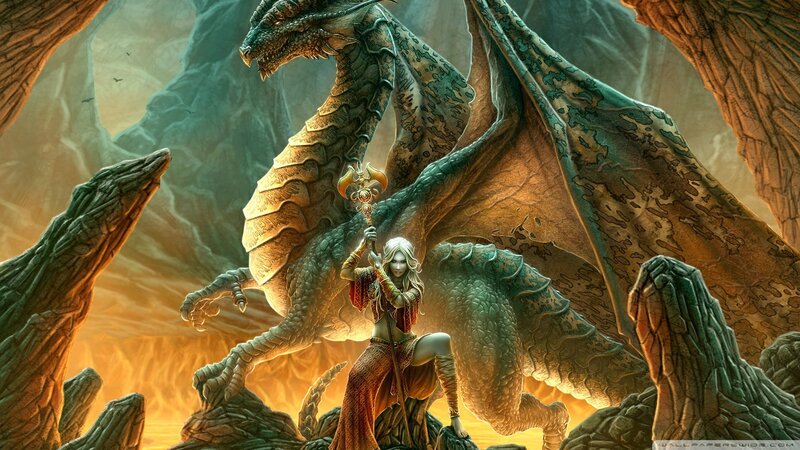 Woman with Dragon — Green, Dramatic, Digital Art, Cave