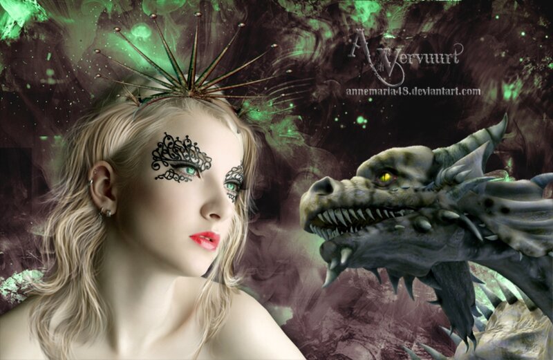 Woman with Dragon — Green, Dramatic, Digital Art, Crown