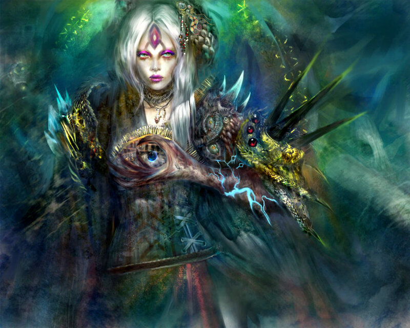 Woman with Dragon — Green, Dramatic, Digital Art, Eye