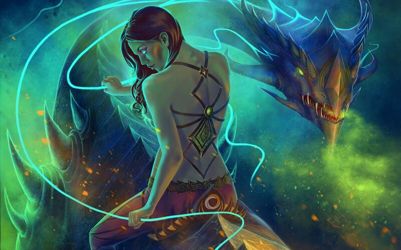 Woman with Dragon — Green, Dramatic, Digital Art, Magic