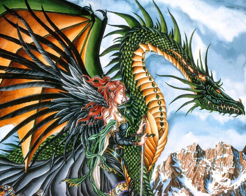 Woman with Dragon — Green, Dramatic, Digital Art, Mountains