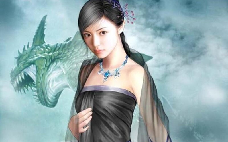 Woman with Dragon — Green, Dramatic, Digital Art, Necklace
