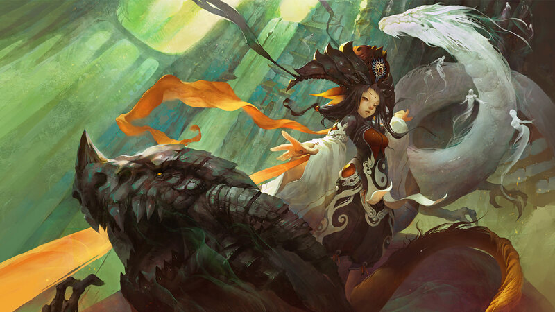Woman with Dragon — Green, Dramatic, Digital Art, Spirit Figures, Silk Ribbon