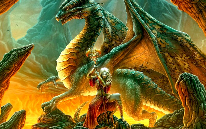 Woman with Dragon — Green, Dramatic, Digital Art, Staff, Cave