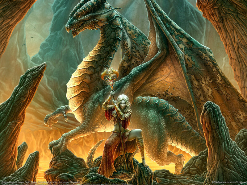 Woman with Dragon — Green, Dramatic, Digital Art, Staff
