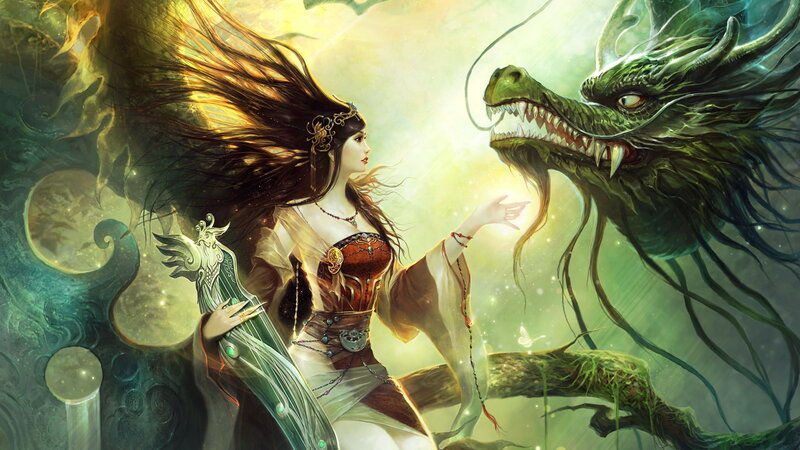Woman with Dragon — Green, Dramatic, Digital Art, Sword, Long Hair