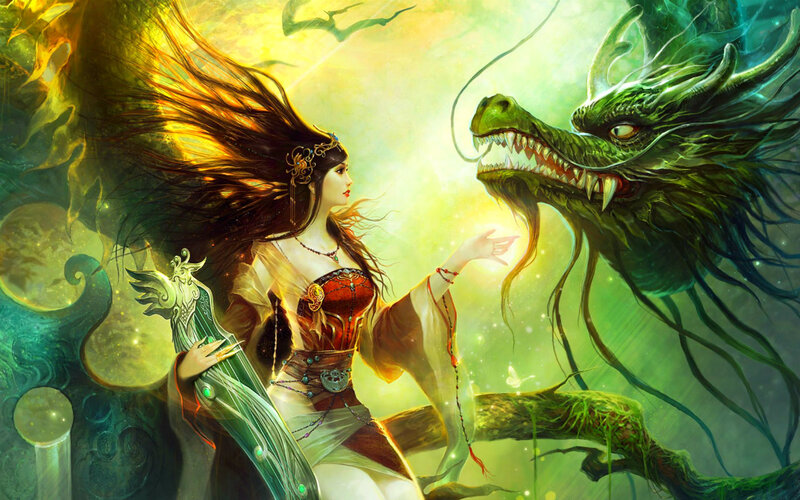 Woman with Dragon — Green, Dramatic, Digital Art, Sword, Magic