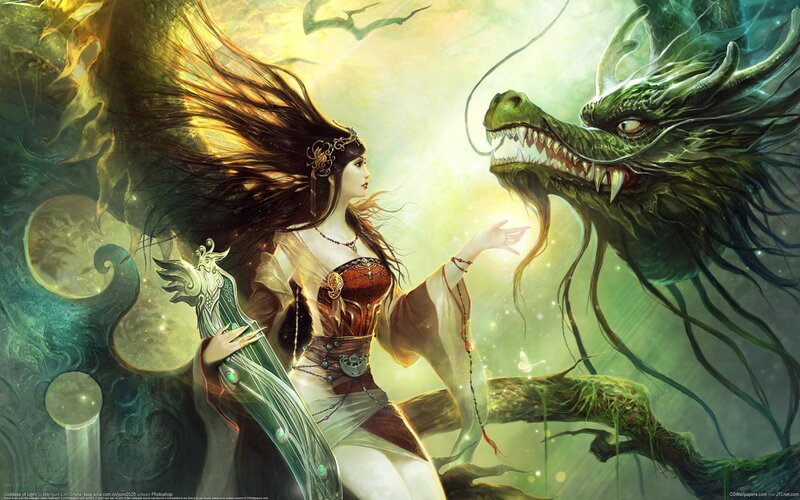 Woman with Dragon — Green, Dramatic, Digital Art