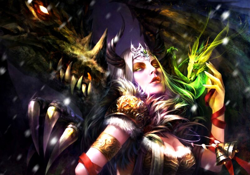 Woman with Dragon — Green, Dramatic, Night, Digital Art