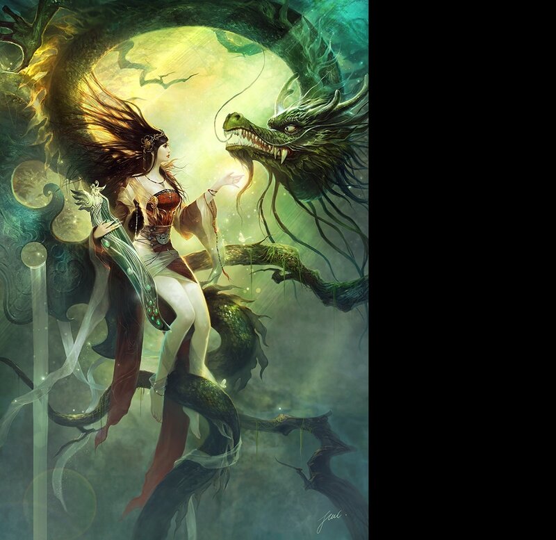 Woman with Dragon — Green, Dramatic, Night