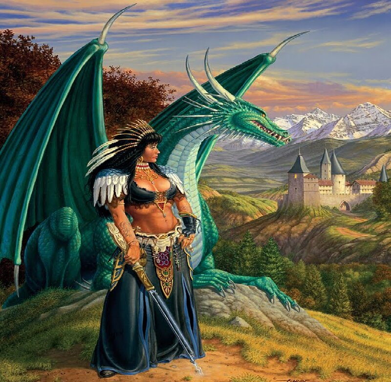 Woman with Dragon — Green, Dramatic, Sunset, Digital Art, Castle