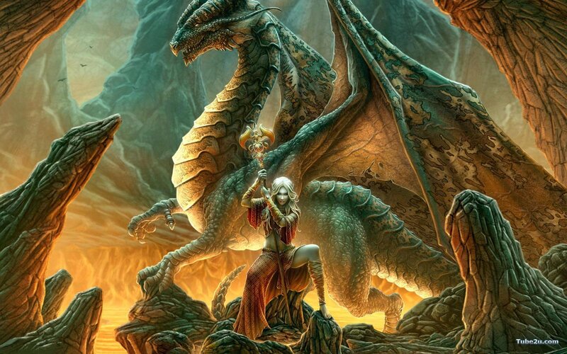 Woman with Dragon — Green, Dramatic, Sunset, Digital Art, Cave, Staff