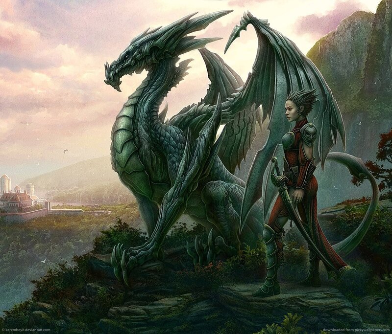 Woman with Dragon — Green, Dramatic, Sunset, Digital Art