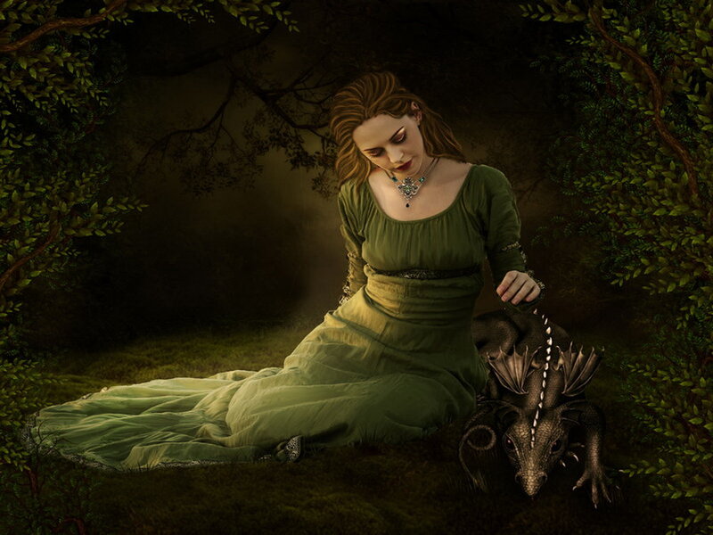 Woman with Dragon — Green, Serene, Night