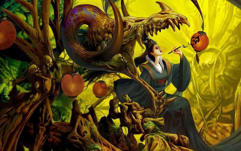 Woman with dragon in a mystical forest