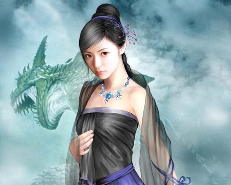 woman with dragon in background