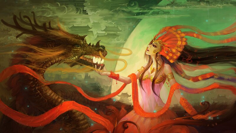 woman with dragon in fantasy scene