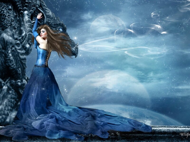woman with dragon in fantasy scene