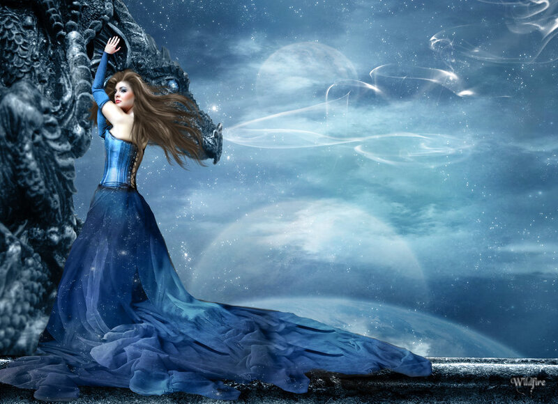 woman with dragon in fantasy world