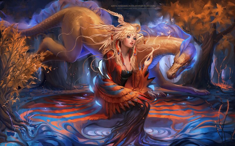 woman with dragon in forest