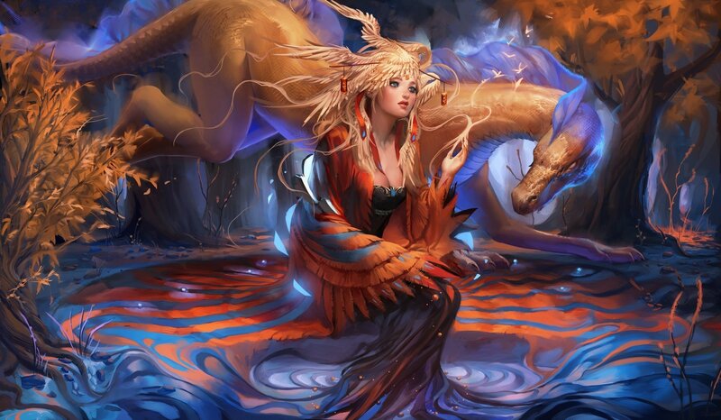 woman with dragon in forest