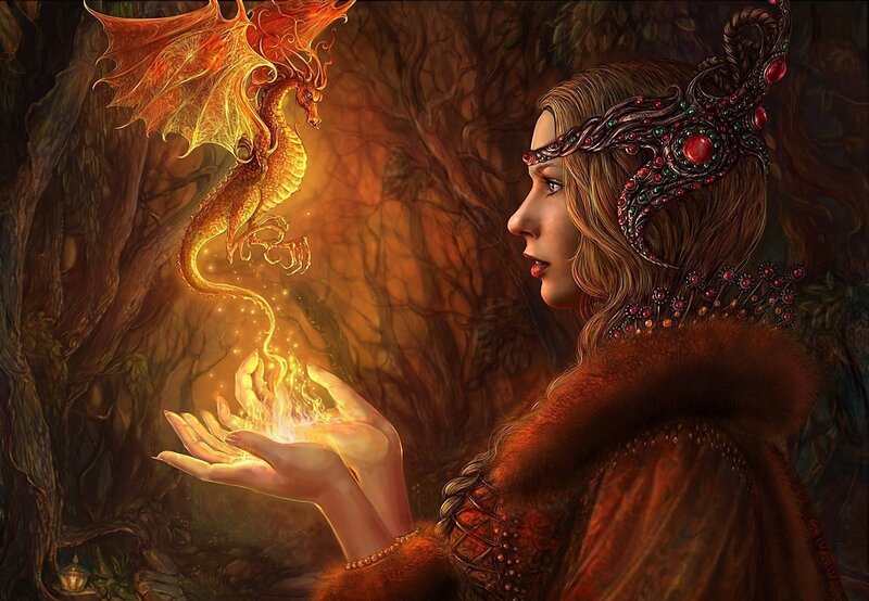 woman with dragon in forest