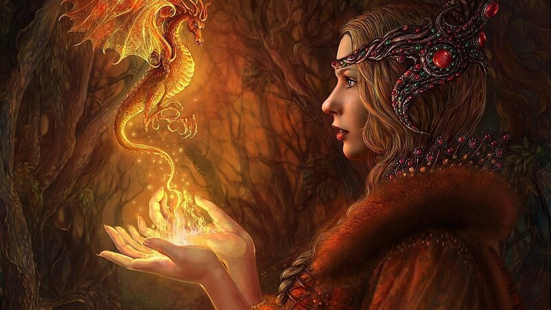 woman with dragon in forest