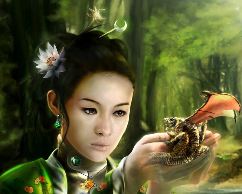 woman with dragon in forest