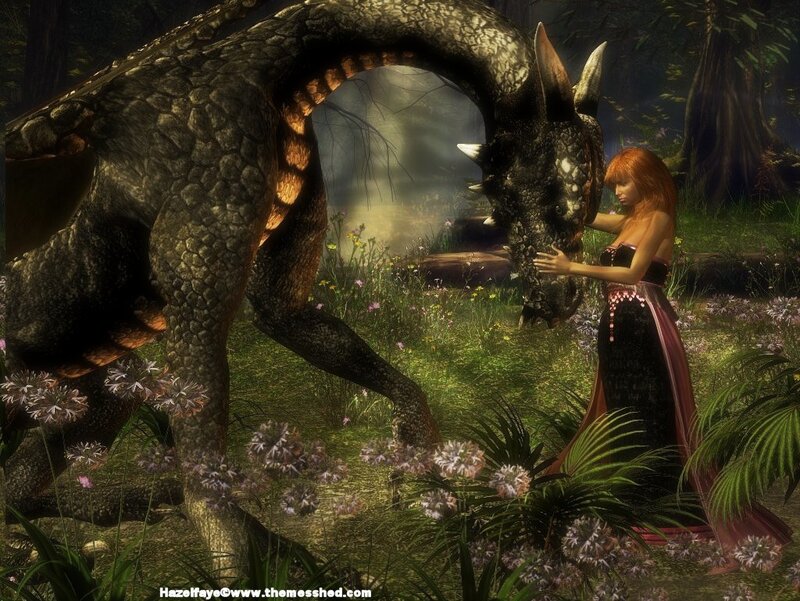 woman with dragon in forest