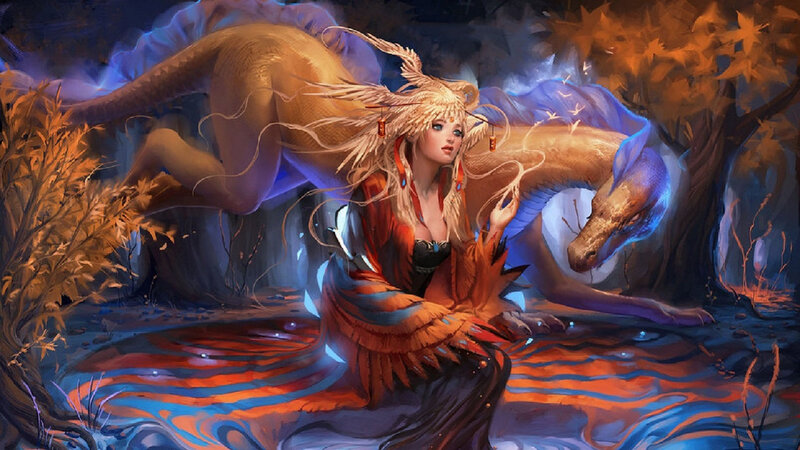 Woman with Dragon in Forest — Blue, Dramatic