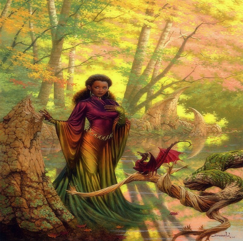 Woman with Dragon in Forest — Green, Serene, Autumn