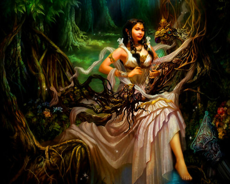 Woman with Dragon in Forest — Green, Serene