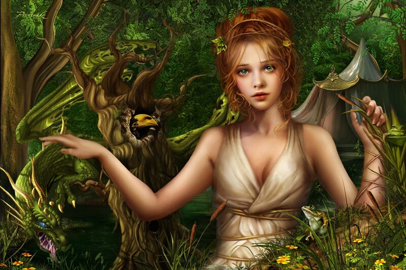 Woman with Dragon in Forest — Green