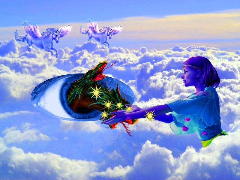 Woman with Dragon in Sky